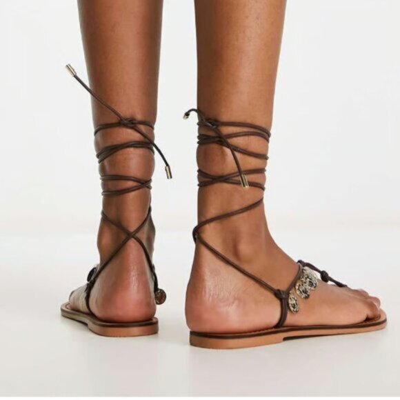 NEW ASOS DESIGN Fernando leather gladiator tie up sandals in brown 725 size 8 - Picture 4 of 4